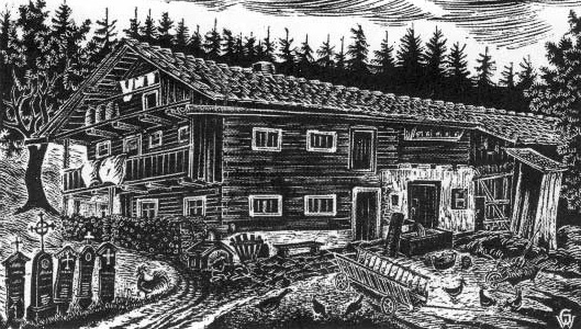 altes waldhaus holzstich